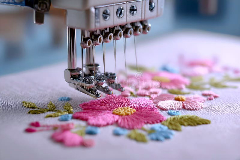 Embroidery machine stitching vibrant floral patterns on fabric